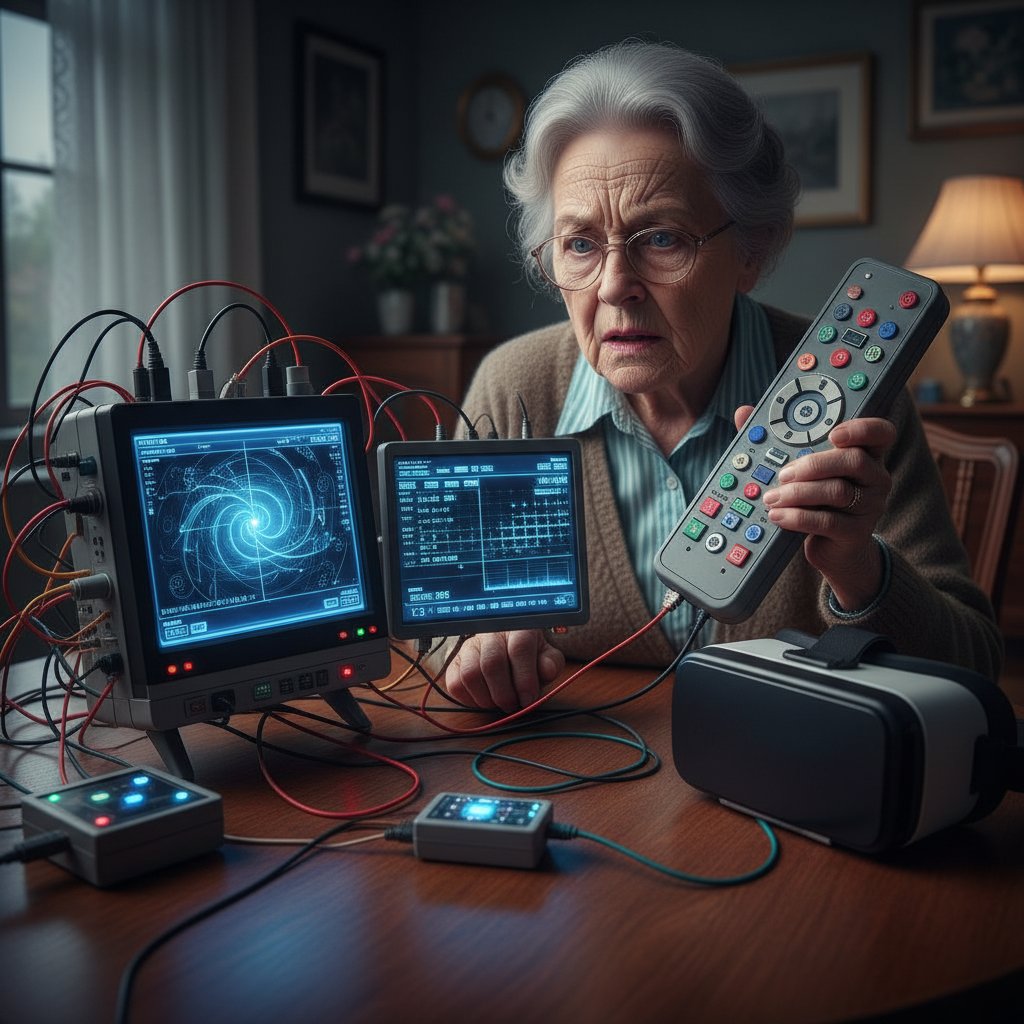 Starsza osoba próbująca użyć zbyt skomplikowanego urządzenia elektronicznego, widoczne zdezorientowanie