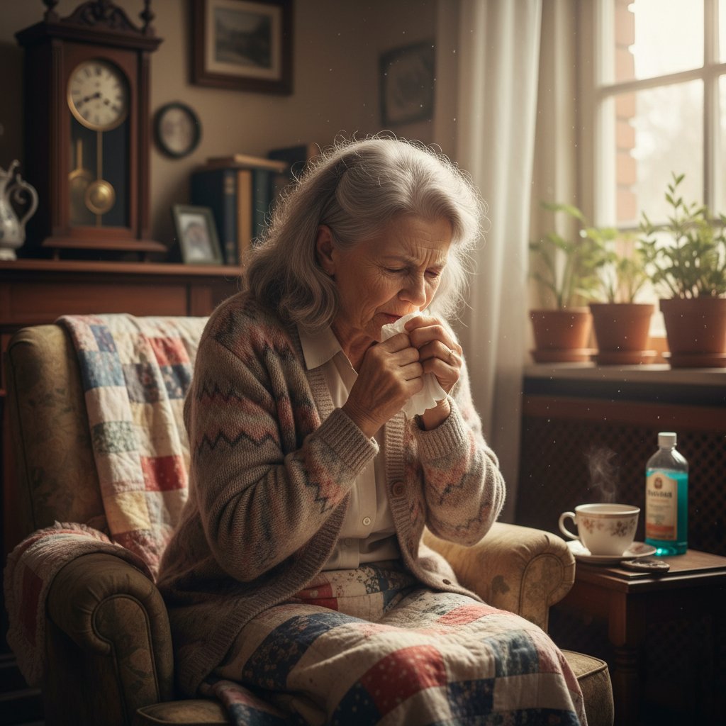 Starsza osoba zakrywająca usta podczas kaszlu, siedząca w domu