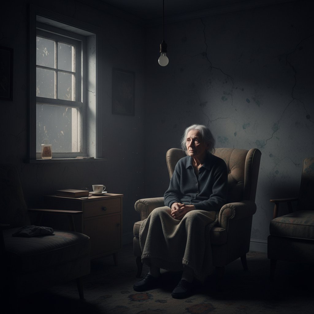 Starsza osoba samotnie w zaciemnionym pokoju; samotność i wyzwania opieki w Polsce