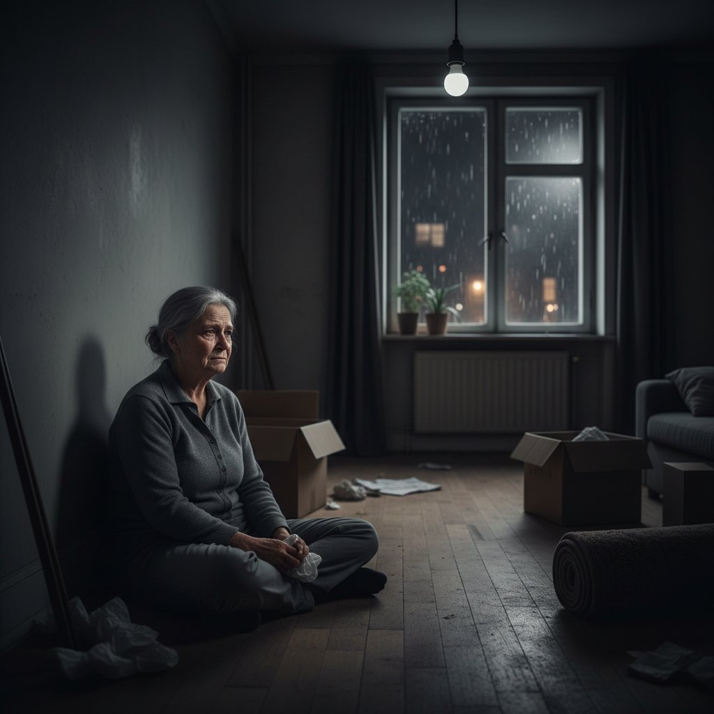 Starsza osoba samotnie siedząca w pustym mieszkaniu, noc, światło z miasta za oknem, atmosfera żałoby i wyobcowania