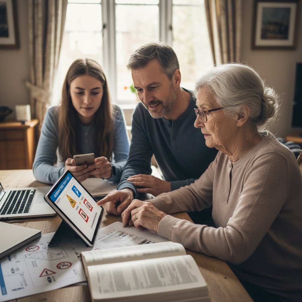 Starsza osoba ucząca się teorii prawa jazdy przy pomocy młodszego członka rodziny
