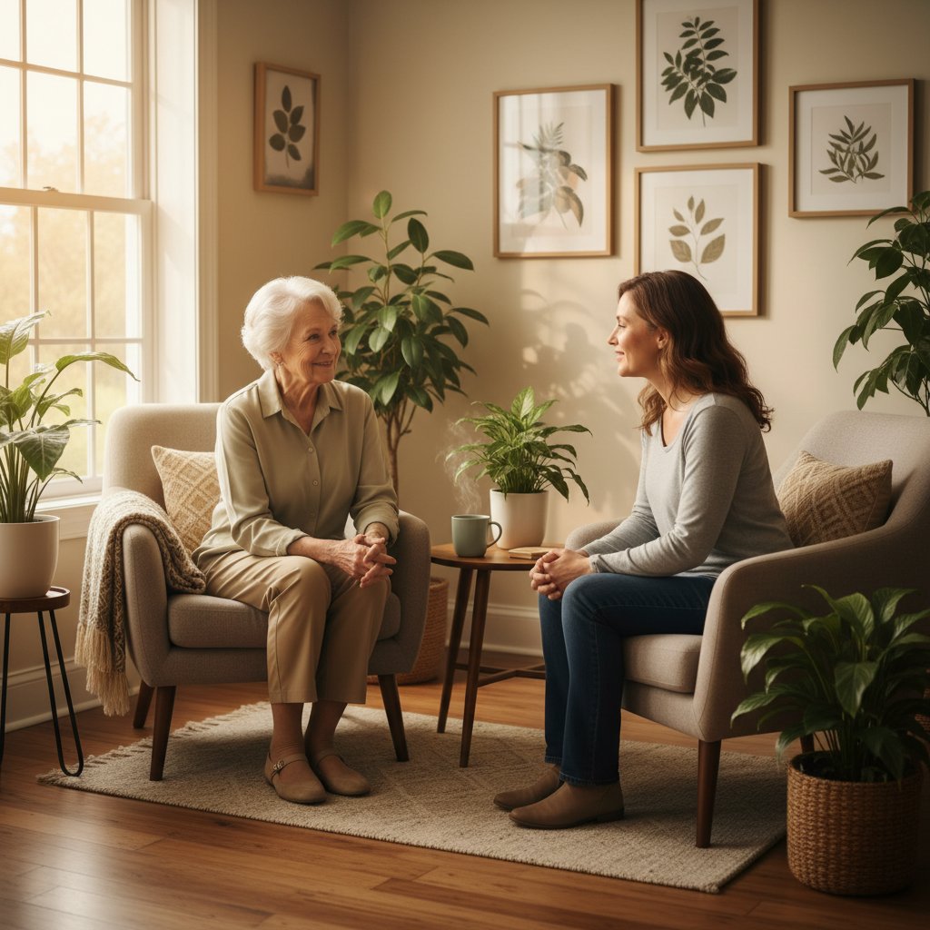 Senior z terapeutą podczas pierwszej rozmowy, przyjazna atmosfera, ciepłe światło, brak dystansu