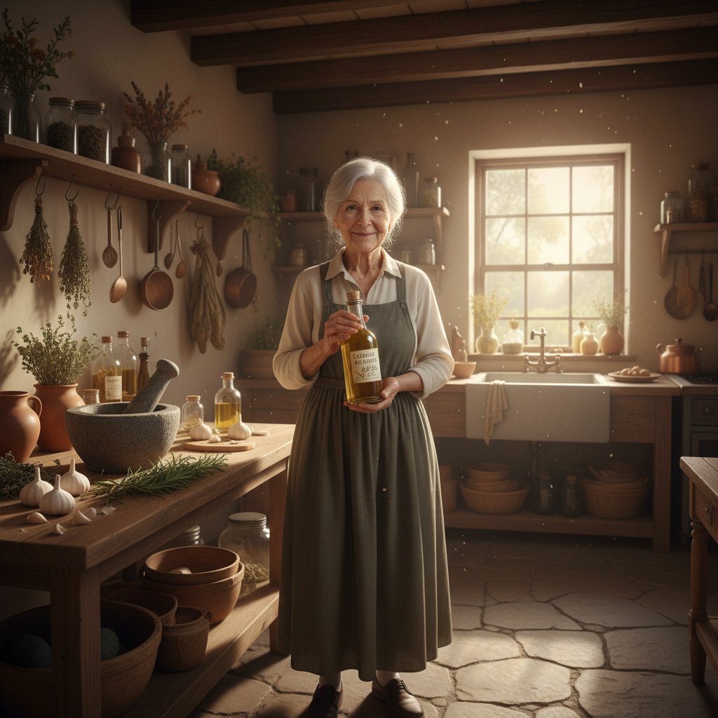 Starsza osoba przygotowująca domowy wywar z czosnku, stół z ziołami, rustykalna kuchnia, słońce przez okno