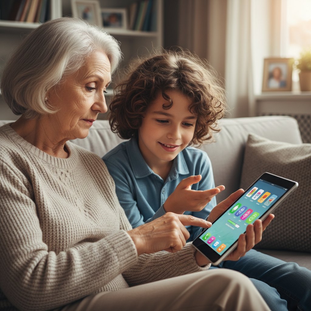 Senior z wnukiem instalujący aplikację psa AI, wsparcie w nauce obsługi