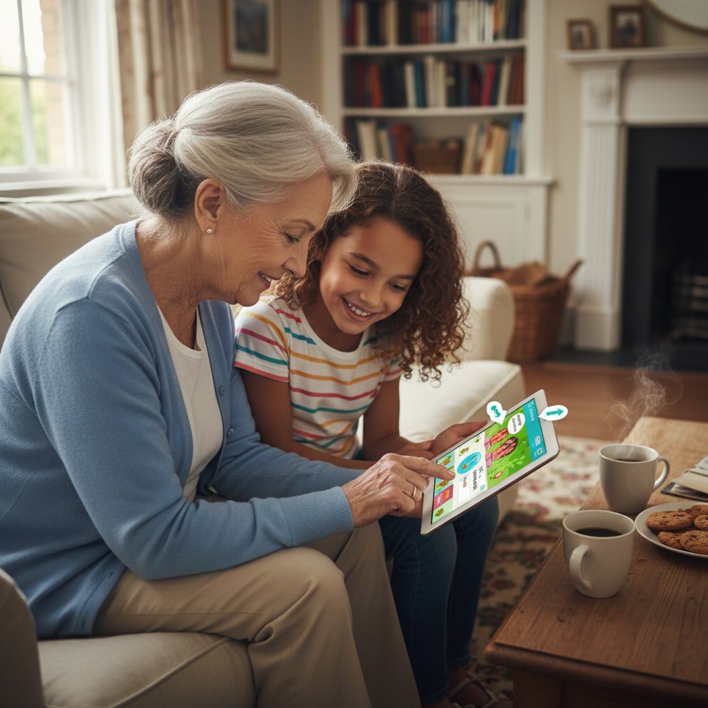 Senior z tabletem, obok wnuk pokazujący jak korzystać z aplikacji