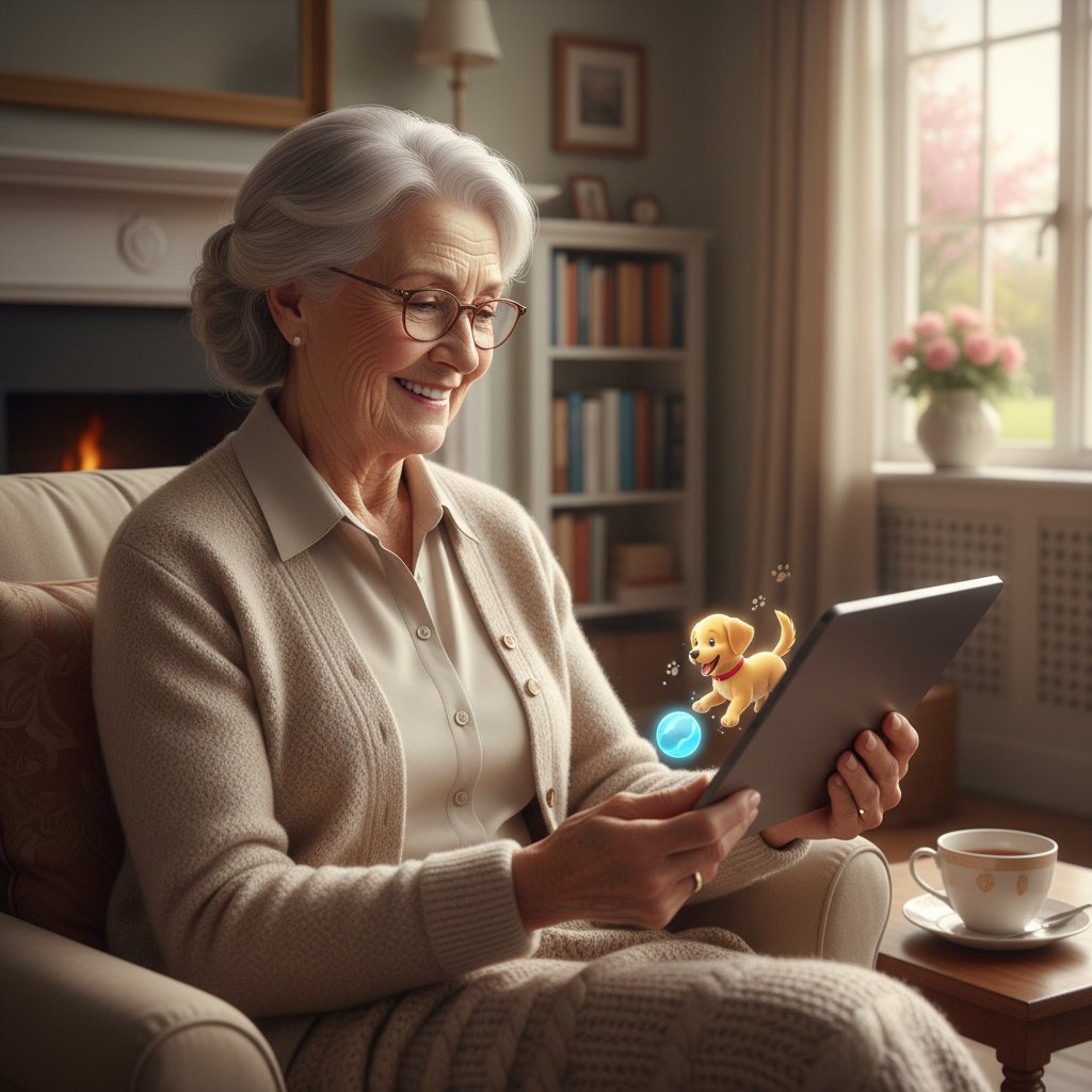 Radosny senior bawi się z cyfrowym psem na ekranie tabletu