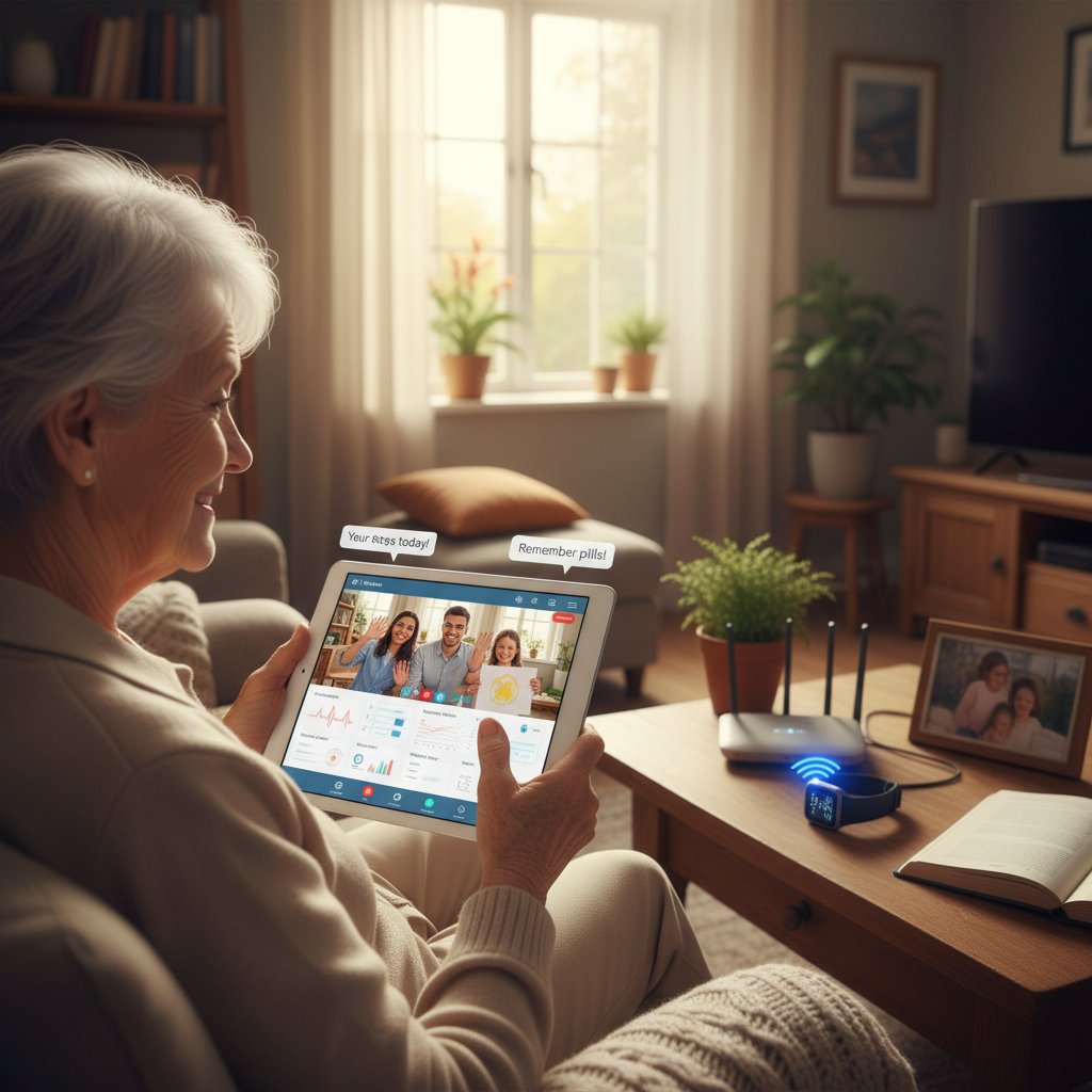 Starsza osoba zastanawiająca się nad użyciem aplikacji zdrowotnej przy wsparciu młodszego członka rodziny