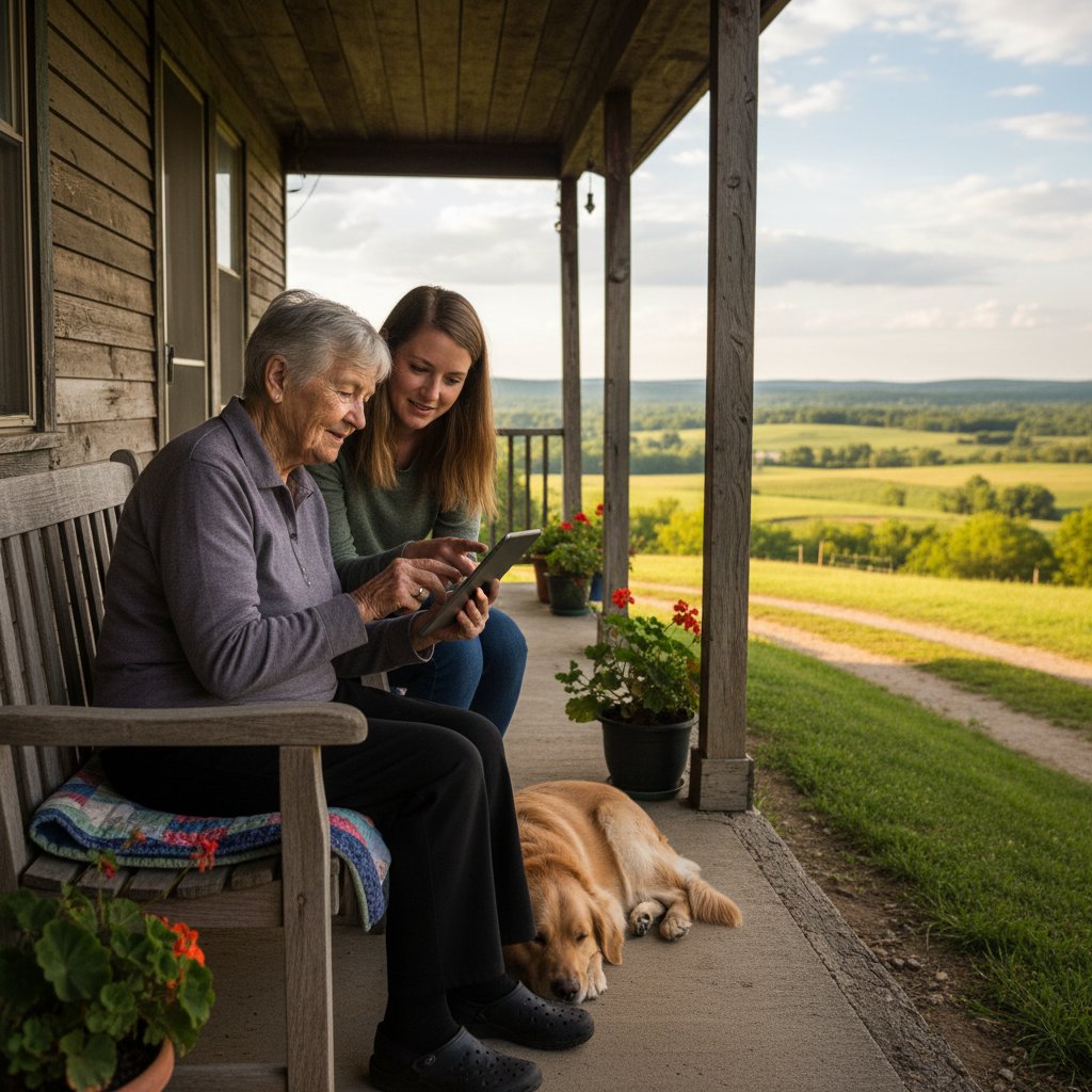 Starsza osoba próbująca korzystać z tabletu z pomocą wnuczka w wiejskim domu