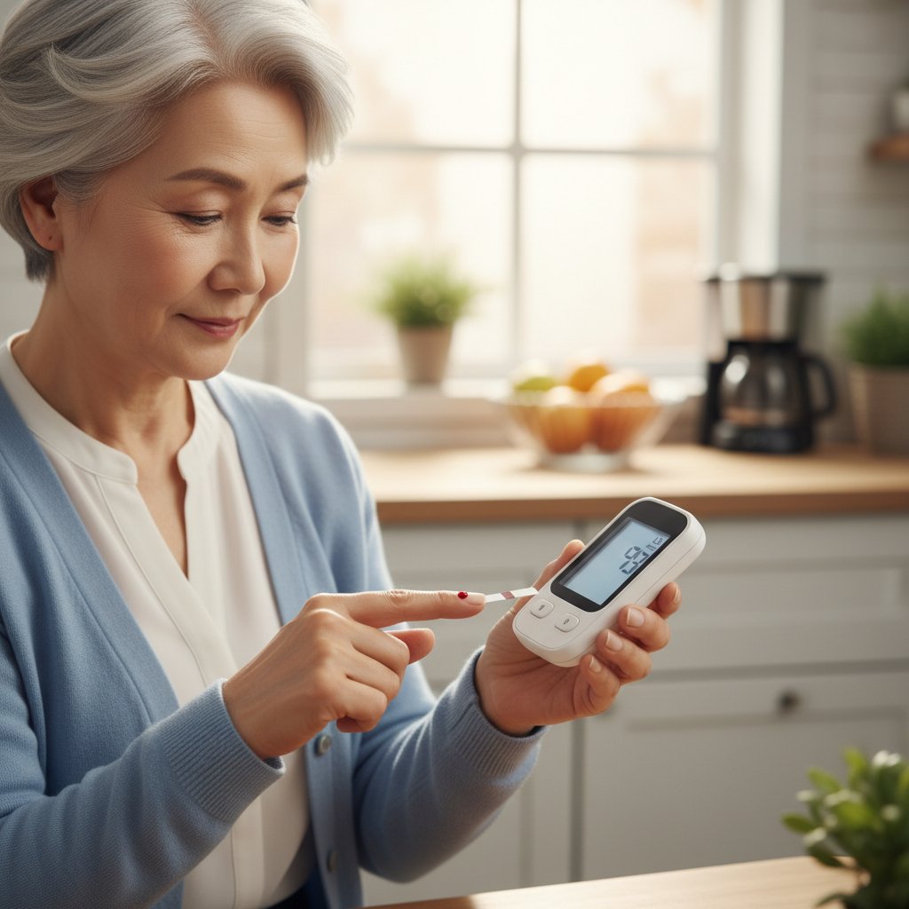 Domowy pomiar cukru przez osobę starszą przy kuchennym stole – krok po kroku