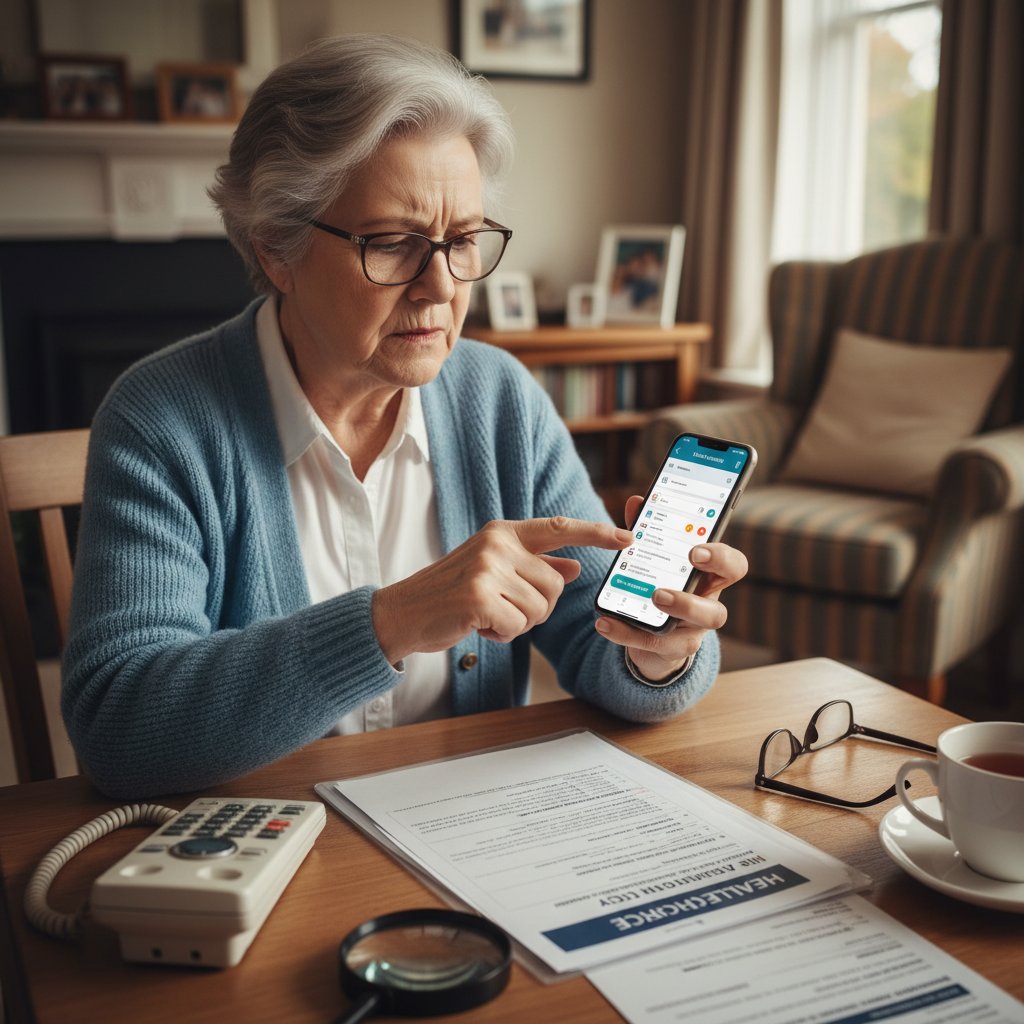 Elderly person visibly frustrated with a smartphone interface, illustrating challenges of digital insurance support for seniors