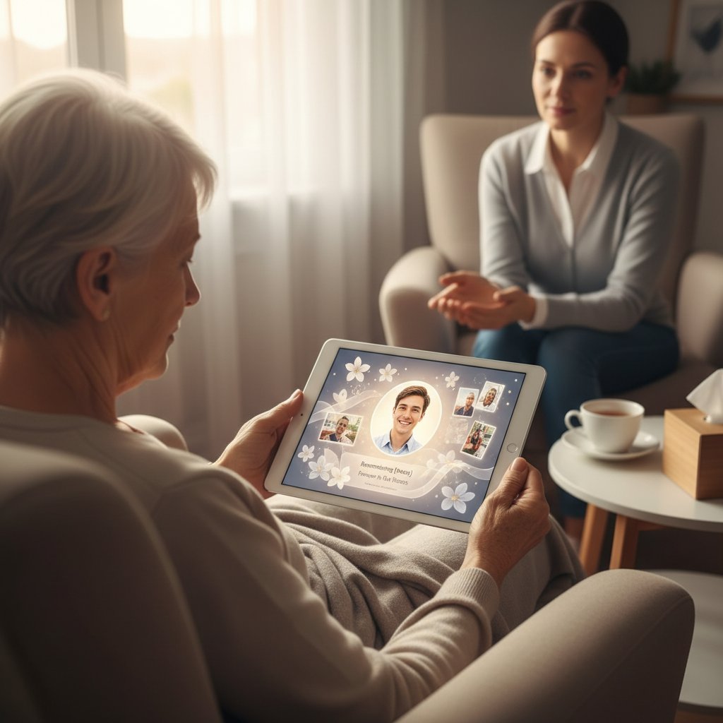 Elderly person viewing a digital memorial on an iPad, soft lighting, intimate scene