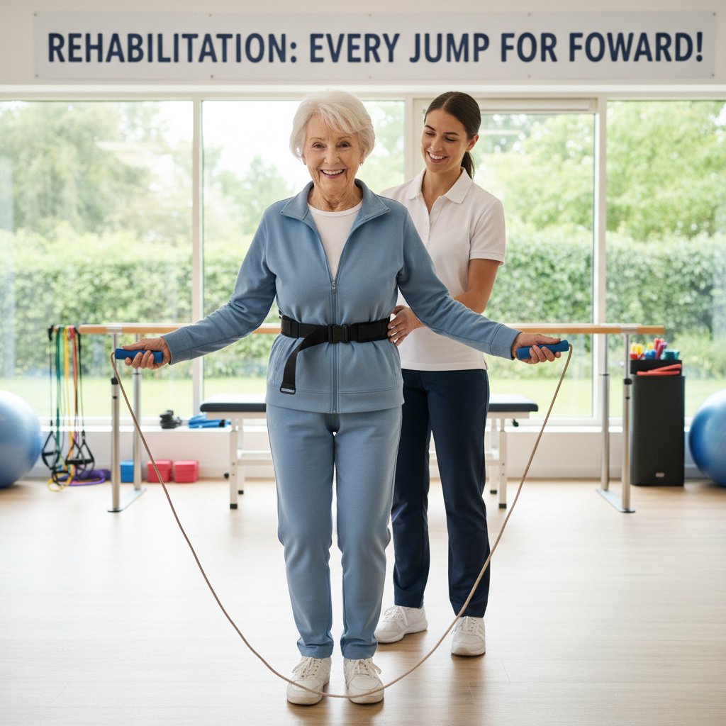 Osoba starsza pod opieką terapeuty ćwiczy na miękkiej skakance, jasna, optymistyczna scena