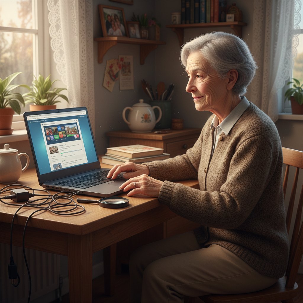 Samotny senior w mieszkaniu, z laptopem na kolanach, wykluczony cyfrowo