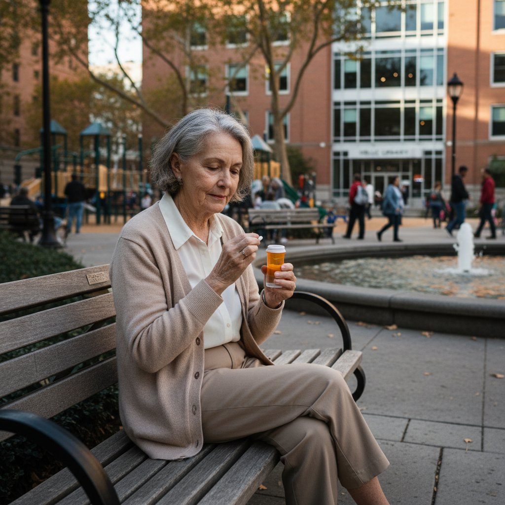 Starsza osoba przyjmująca lek w przestrzeni publicznej, stereotypy i cukrzyca w Polsce