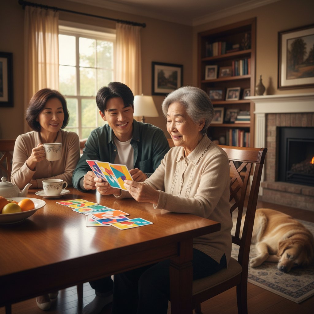 Starsza osoba wykonująca ćwiczenia pamięciowe w domu, o poranku, z wnukiem