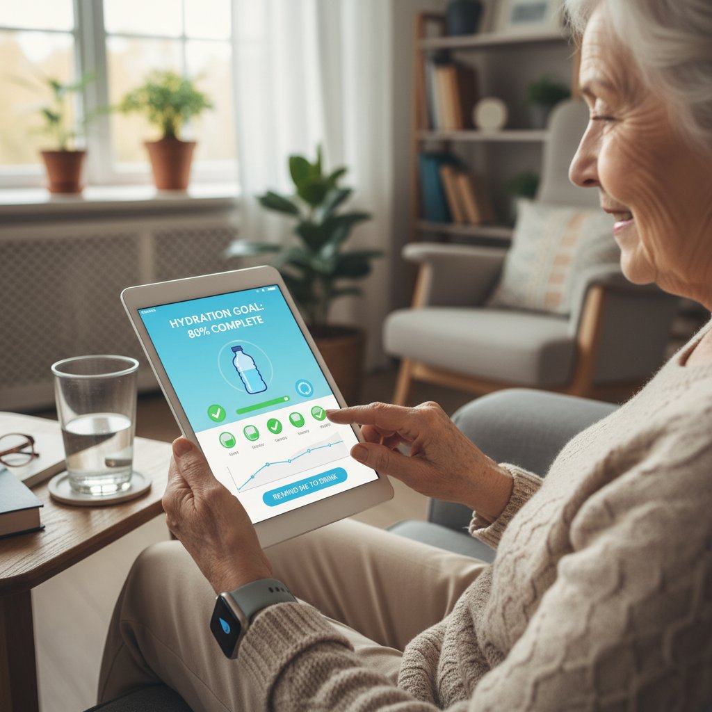 Senior używa aplikacji mobilnej do monitorowania picia wody