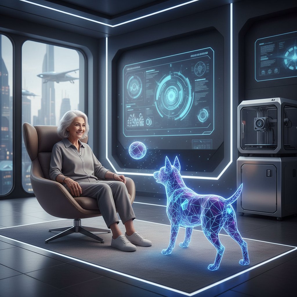 Senior korzystający z nowoczesnej aplikacji pieska AI, nowoczesne wnętrze, technologia 3D