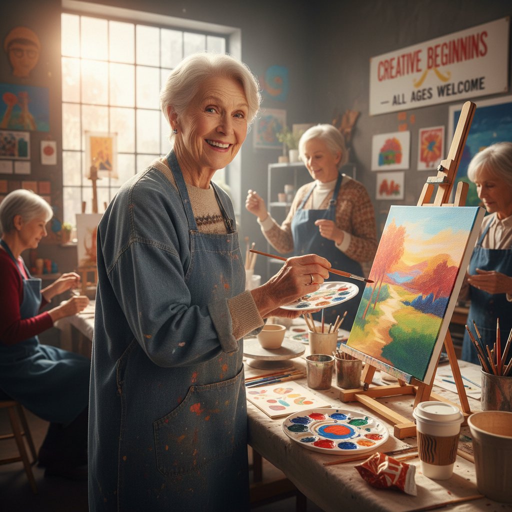 Senior zajmujący się nowym hobby, warsztat rękodzieła, zadowolenie, energia