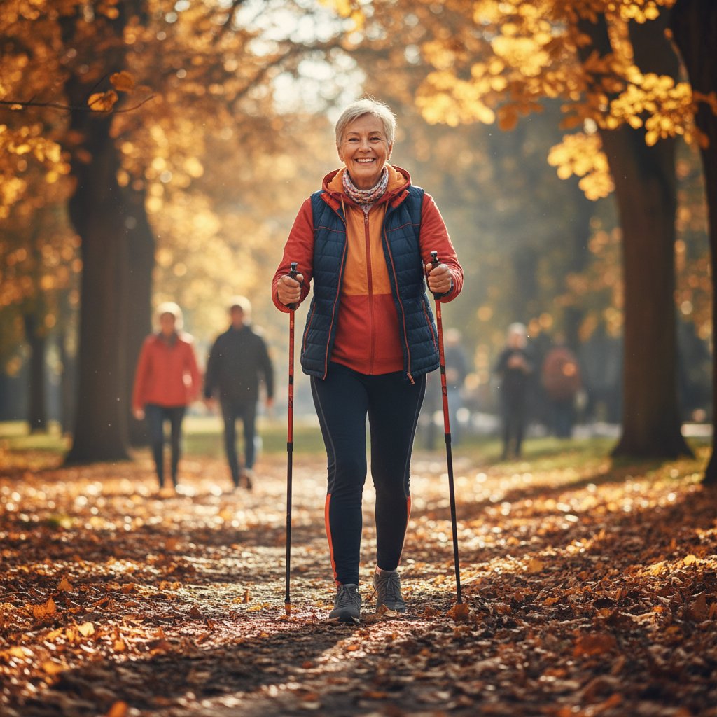 Senior uprawiający nordic walking, uśmiech, zadowolenie, park jesienią, energia
