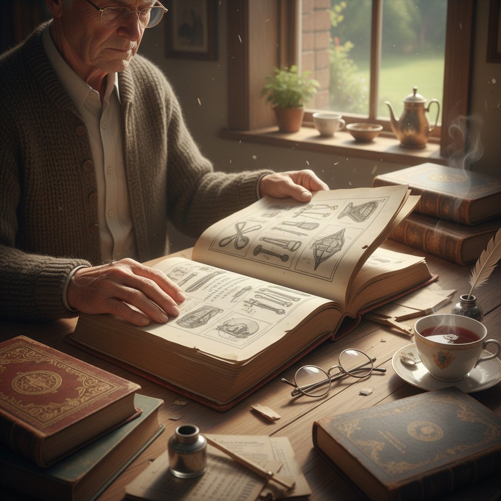 Starsza osoba przeglądająca stary poradnik medyczny przy kuchennym stole