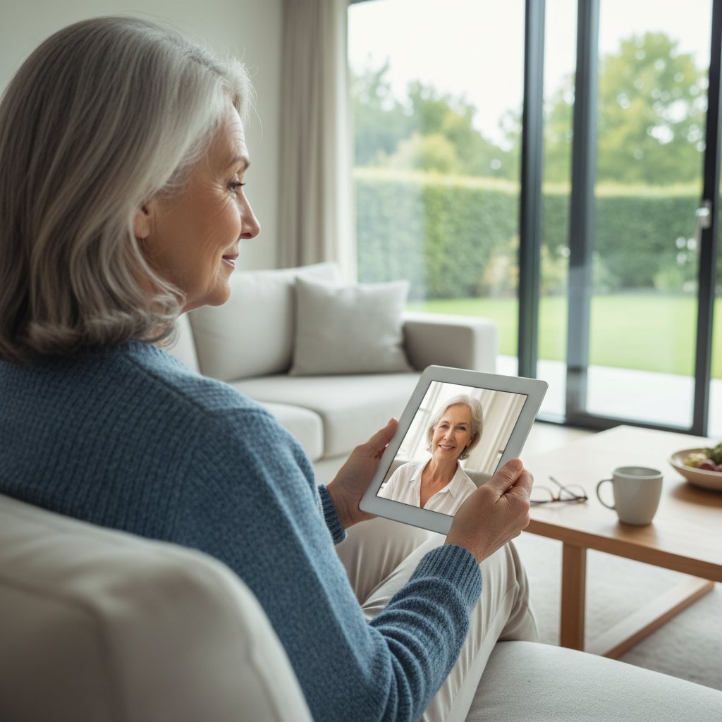 Senior podczas wideoterapii na tablecie, nowoczesne wnętrze, wyraźne emocje na twarzy