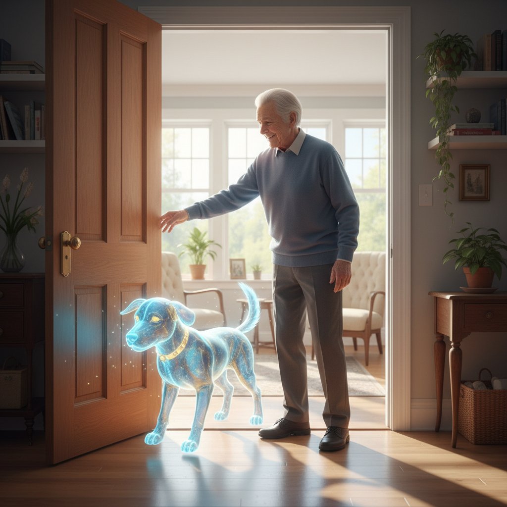 Senior otwierający drzwi do jasnego pokoju z wyświetlanym wirtualnym psem, nadzieja i nowy początek