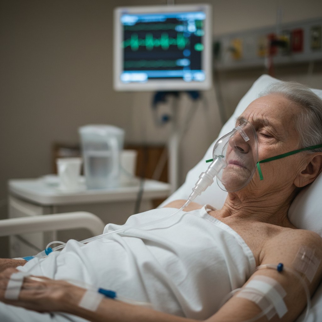 Osoba starsza z maską tlenową, zamyślona, szpitalne otoczenie, poważna atmosfera