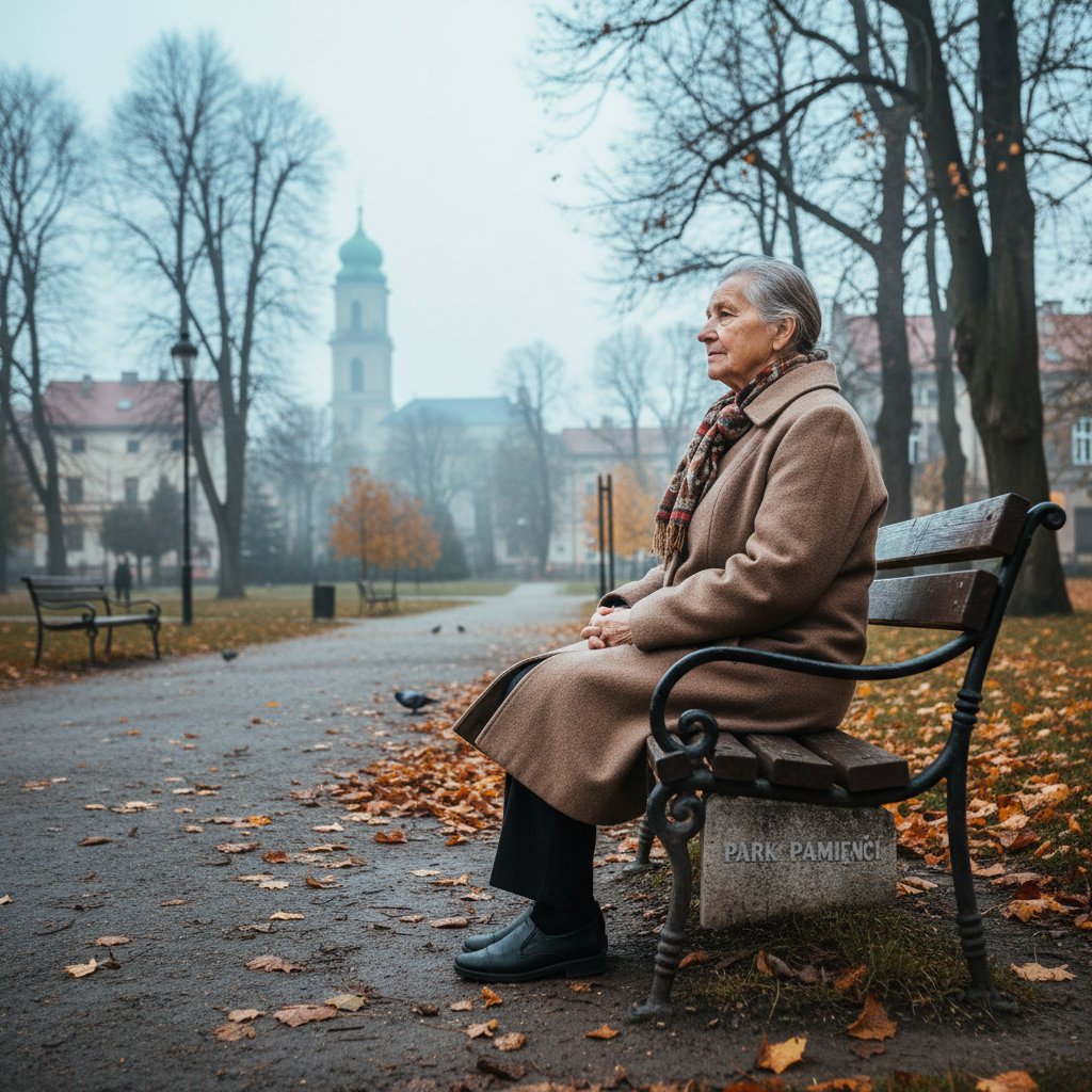 Starsza osoba siedzi samotnie w parku, otoczona pustką, symbolizując samotność seniorów w Polsce