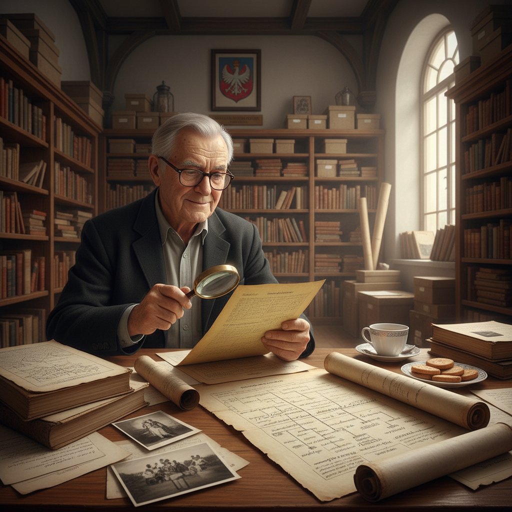 Starsza osoba przeszukująca archiwalne dokumenty w polskim archiwum – tradycyjne metody prowadzenia badań genealogicznych