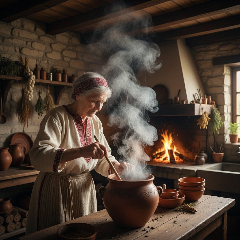 Starsza osoba pochylająca się nad garnkiem z gorącą wodą, klasyczna polska kuchnia