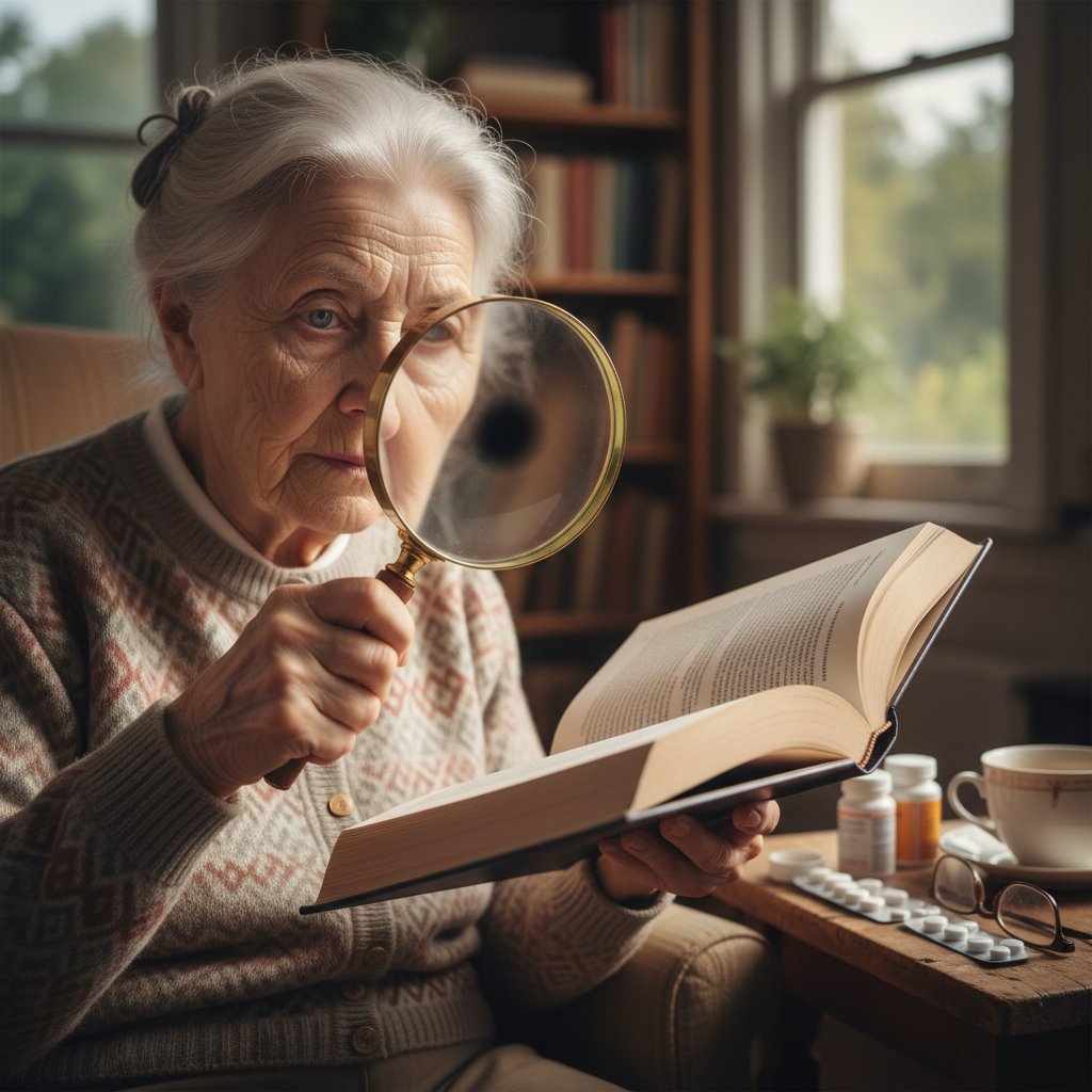 Zdjęcie starszej osoby czytającej książkę z pomocą lupy, symbolizujące codzienność z AMD