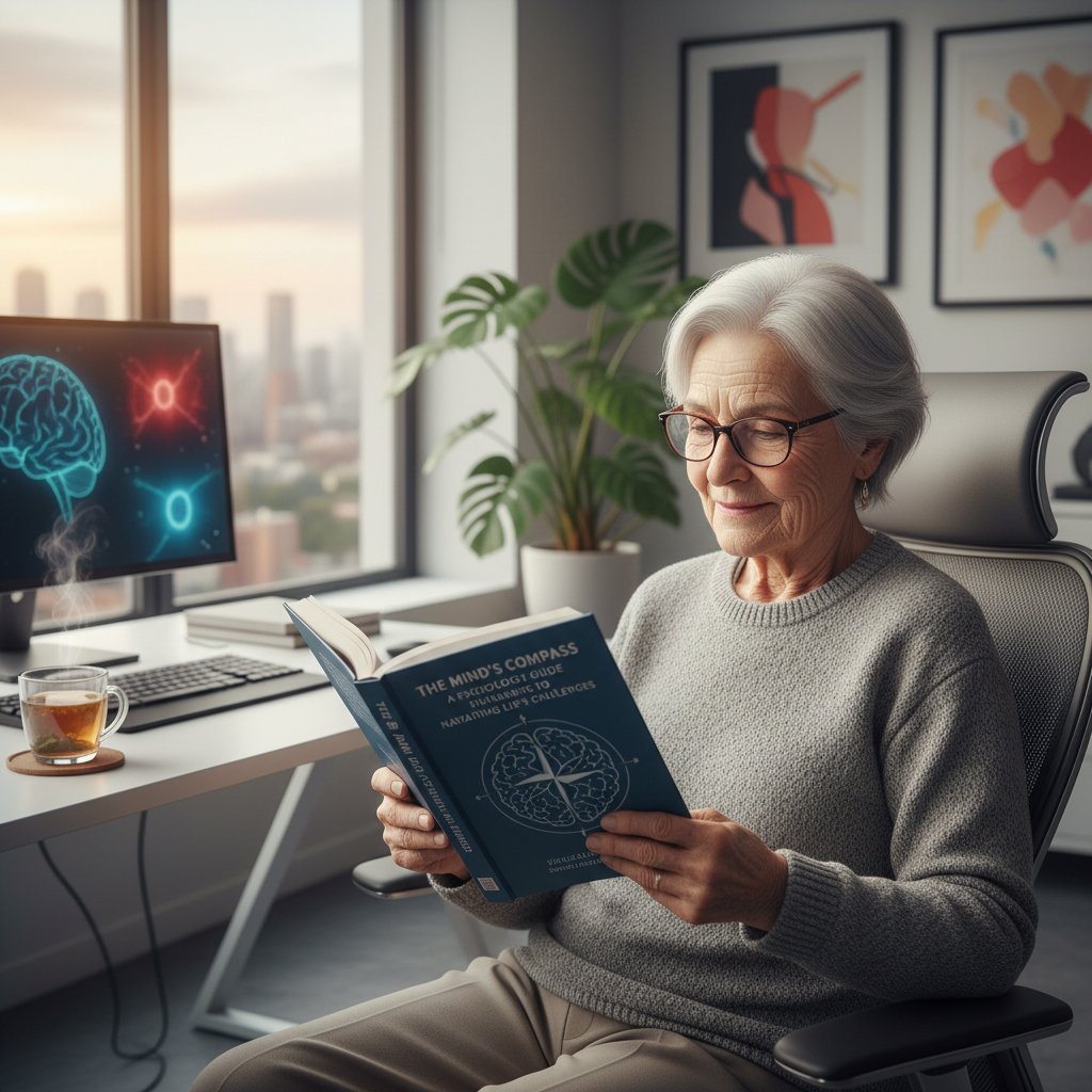 Starsza osoba czytająca poradnik psychologiczny, nowoczesny gabinet, skupienie