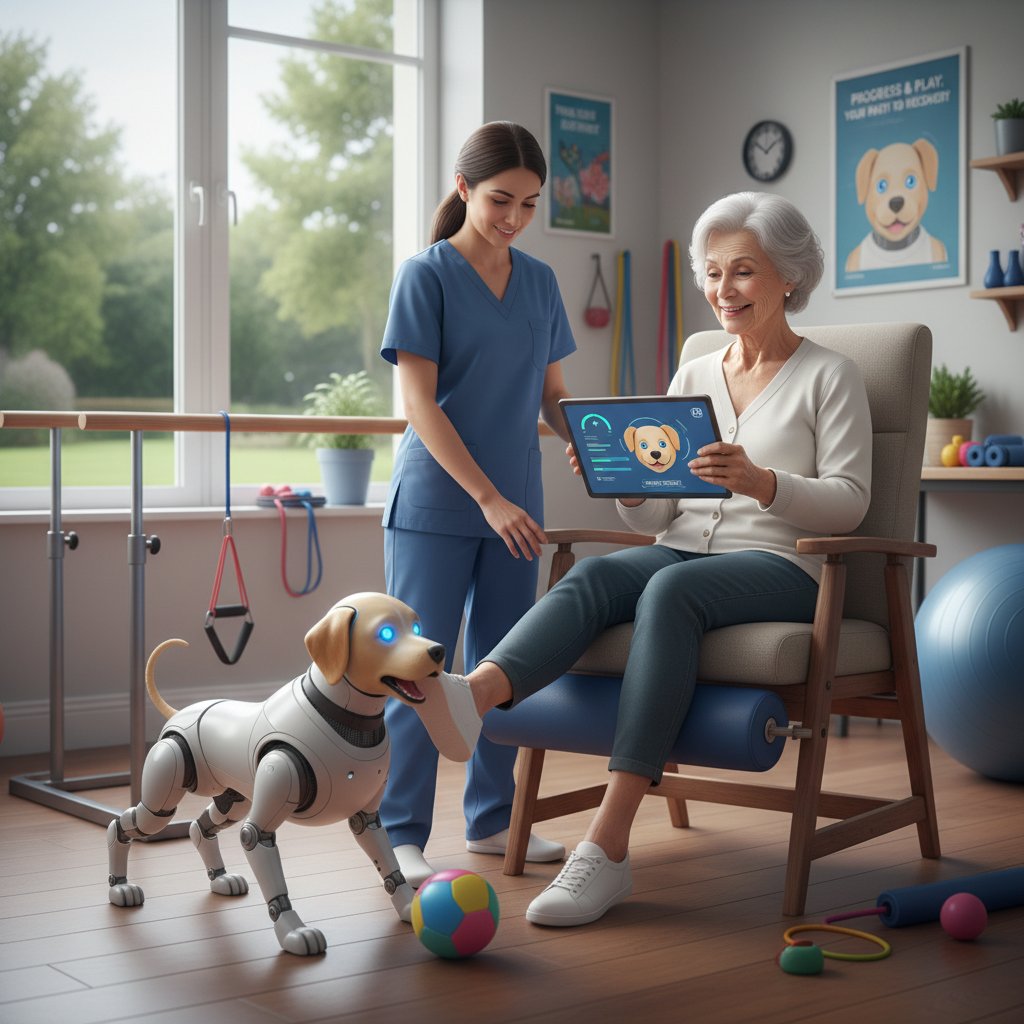 Senior na oddziale rehabilitacji korzysta z tabletu i pieska AI jako części terapii