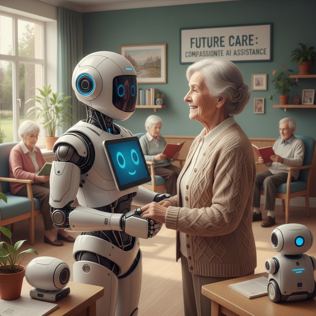 Starsza osoba rozmawia z robotem AI w domu seniora, pozytywna atmosfera – AI i emocje