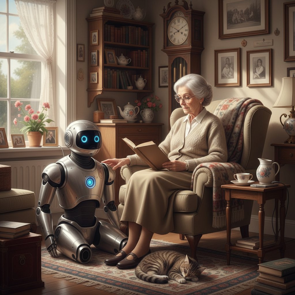 Zdjęcie starszej osoby siedzącej z robotem-opiekunem w domowym wnętrzu, pokazujące samotność i bliskość