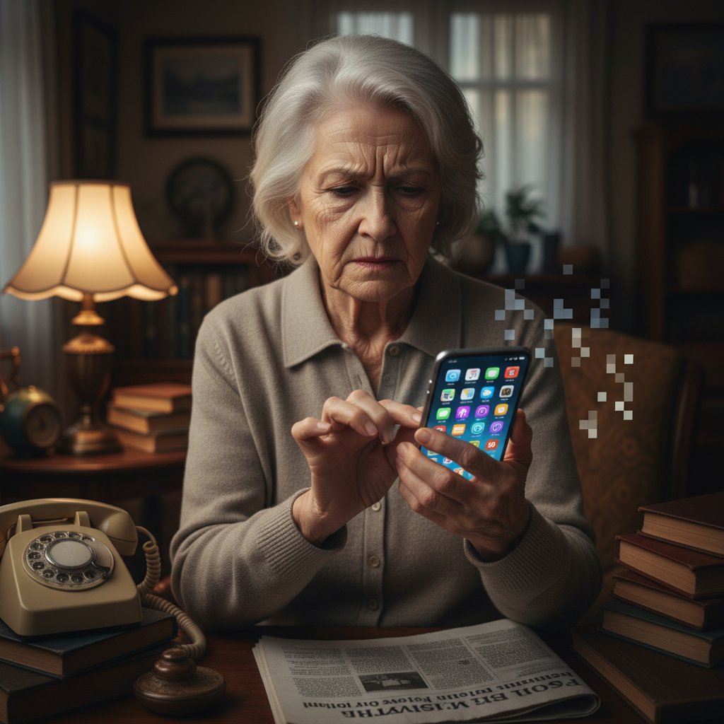 Starsza osoba próbująca obsłużyć nowoczesny telefon – symbol cyfrowego wykluczenia