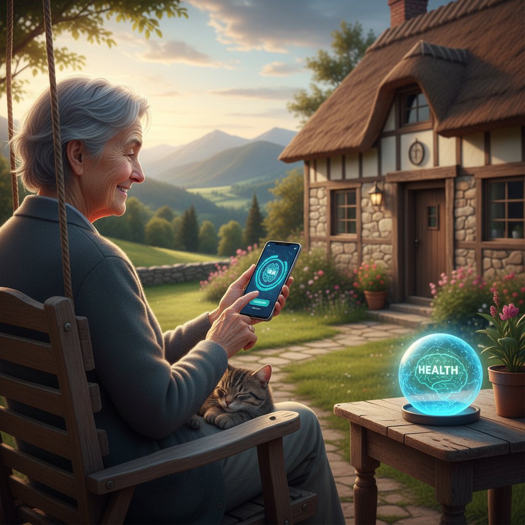 Starsza osoba korzystająca z chatbota zdrowotnego w wiejskim domu