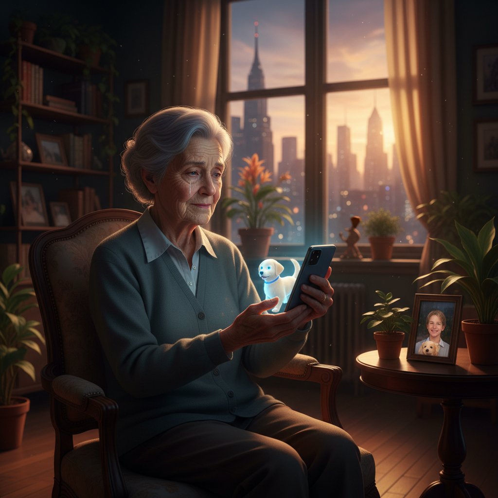 Starsza osoba z Polski trzymająca smartfona z wirtualnym psem na ekranie, wnętrze miejskiego mieszkania, emocje: melancholia i nadzieja