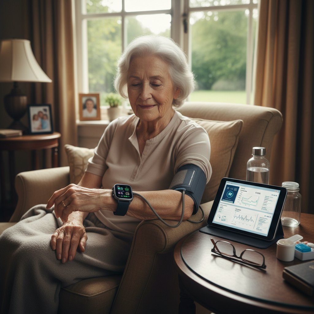 Starsza osoba w domu używa smartwatcha i tabletu do monitorowania zdrowia