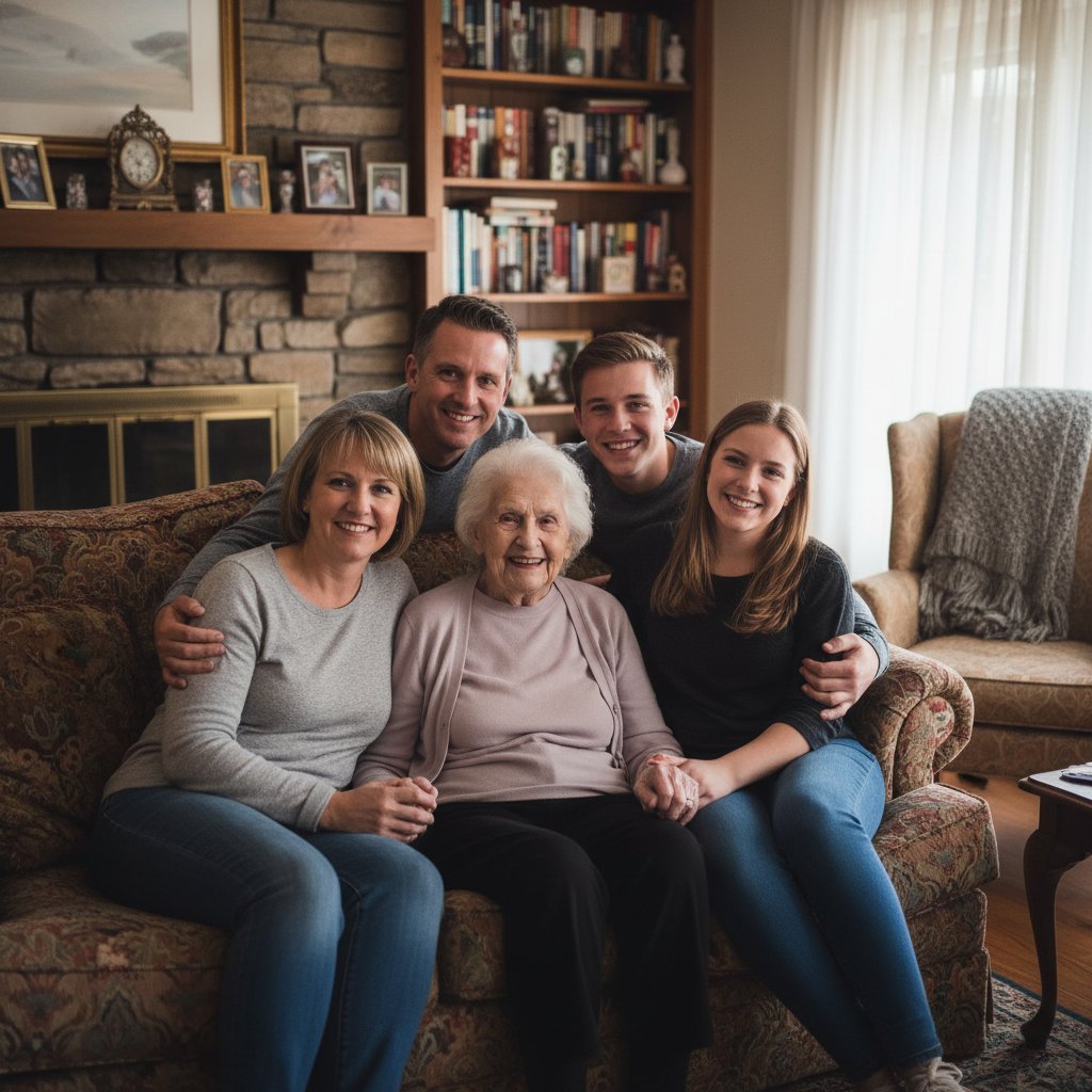 Szczęśliwy senior z rodziną po powrocie z wizyty u geriatry, zdrowie seniorów, opieka rodzinna