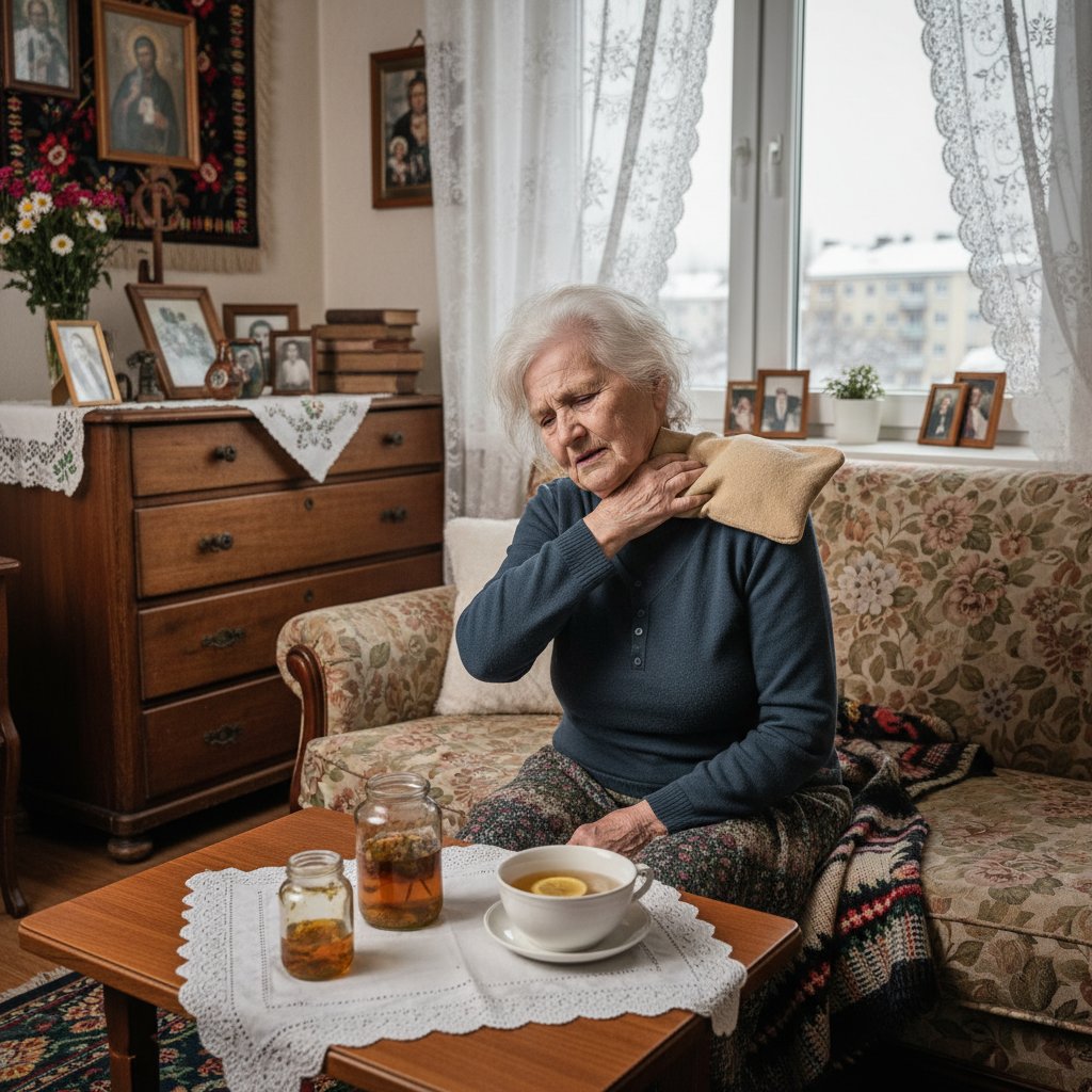 Starsza osoba stosująca domowe okłady na kark, wnętrze polskiego mieszkania