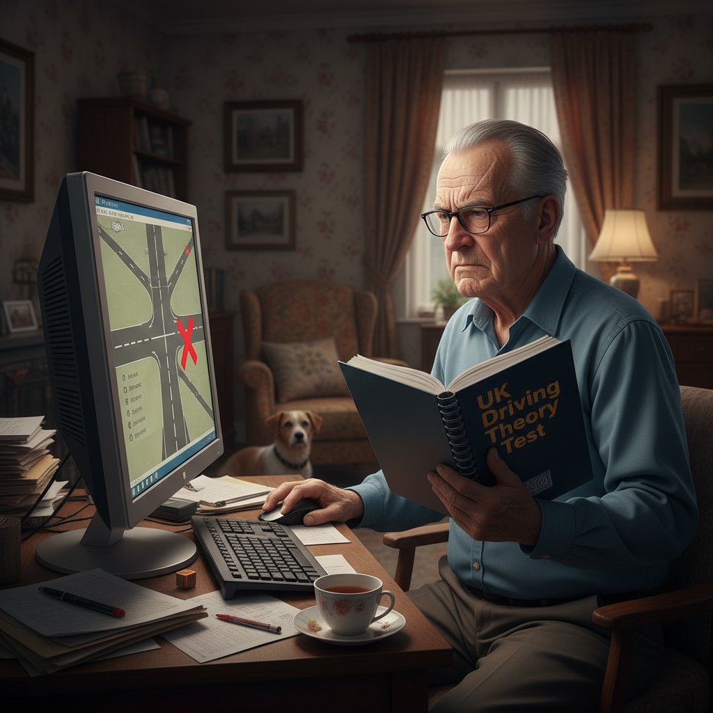 Starsza osoba zmagająca się z nauką teorii prawa jazdy online na starym komputerze