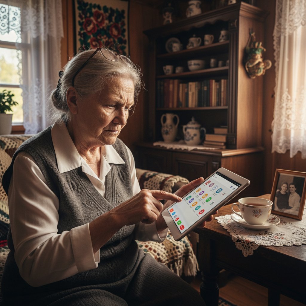 Starsza osoba próbuje korzystać z tabletu, trudności z obsługą technologii, domowa sceneria, polska rzeczywistość