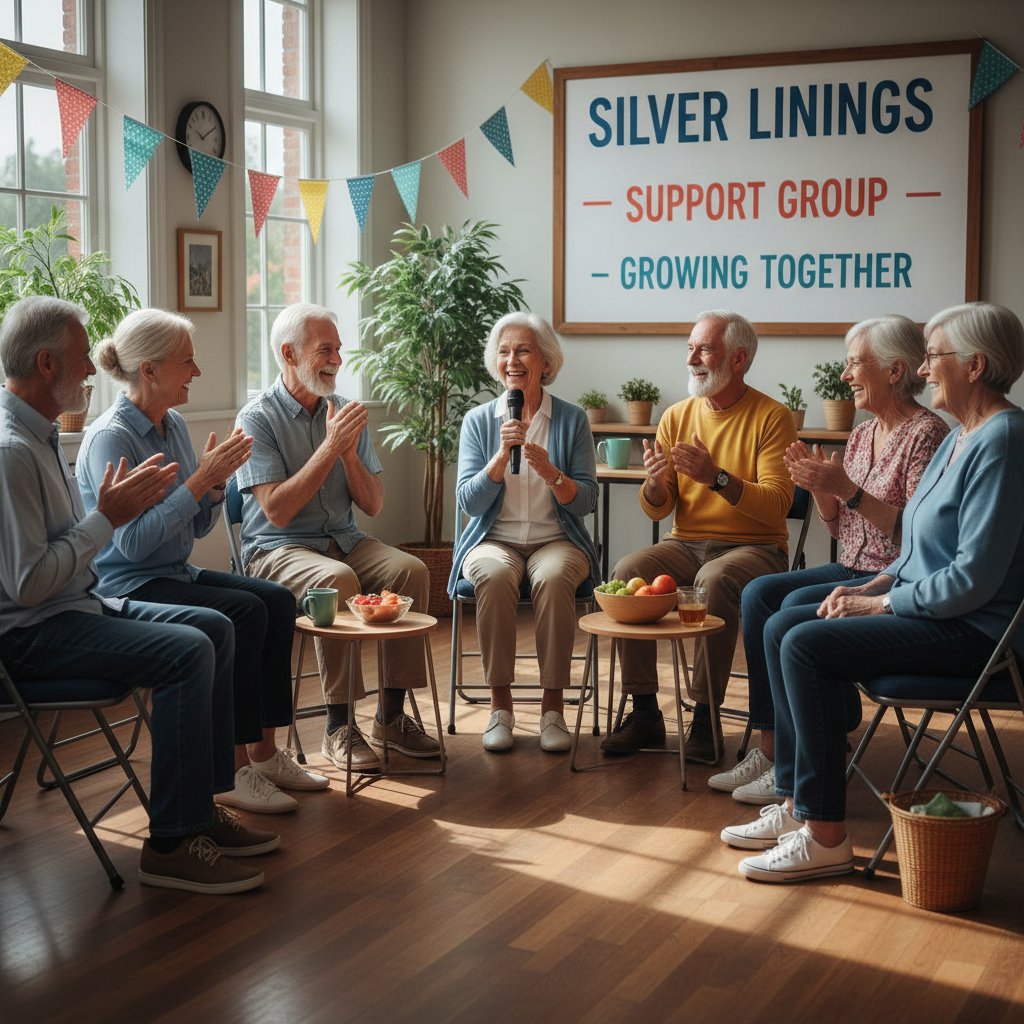 Senior podczas spotkania grupy wsparcia, aktywność społeczna osób starszych, zdrowie psychiczne