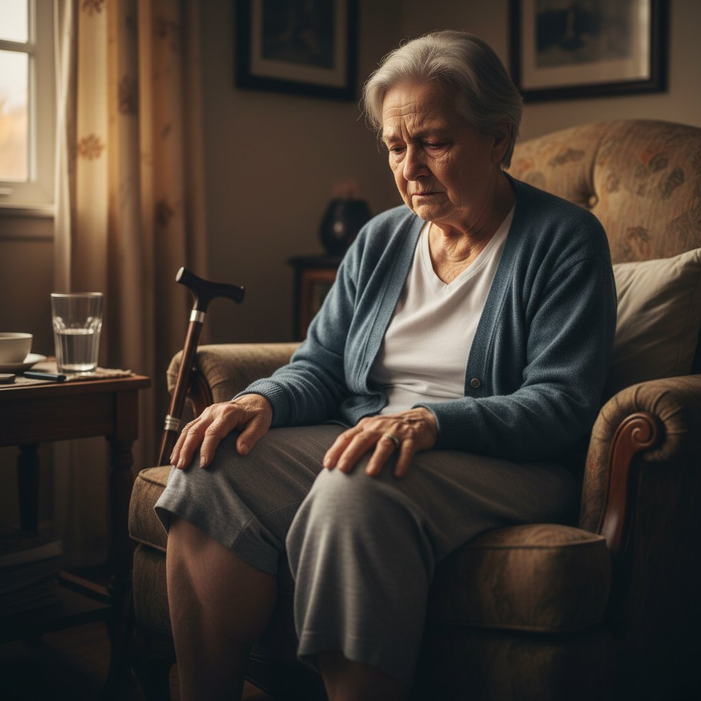 Osoba starsza z opuchniętymi nogami, siedząca na łóżku, smutny wyraz twarzy