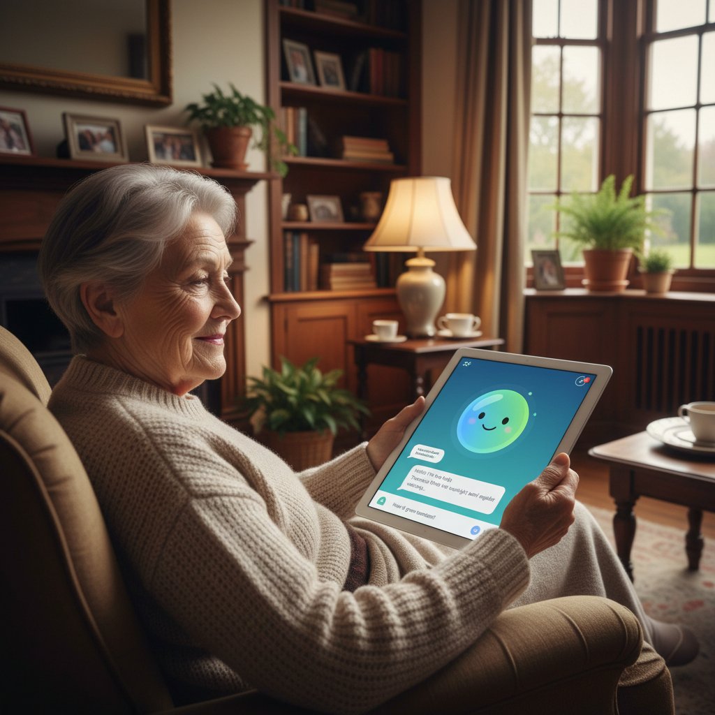 Starsza osoba rozmawiająca z chatbotem AI na tablecie, uśmiecha się, domowe wnętrze