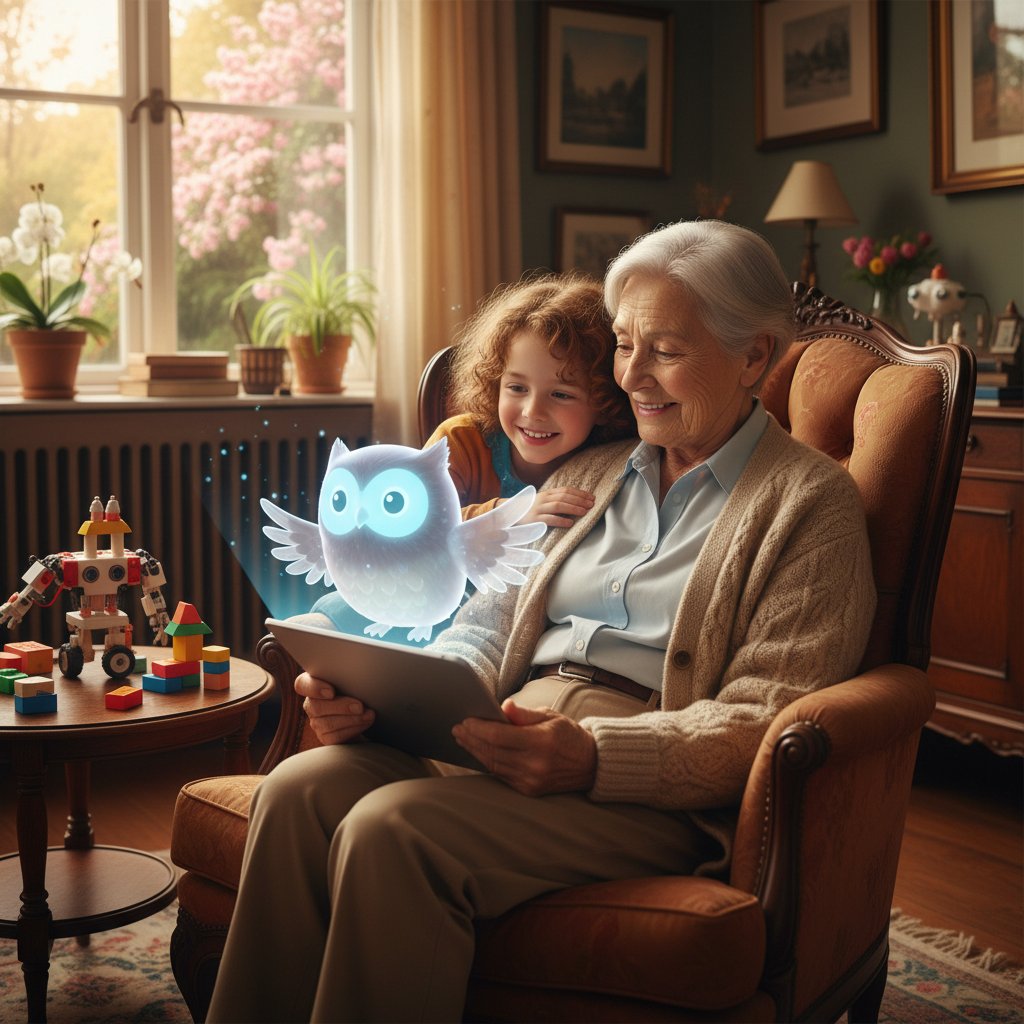 Starszy użytkownik rozmawiający z AI na tablecie – wirtualny kumpel przełamuje bariery pokoleniowe