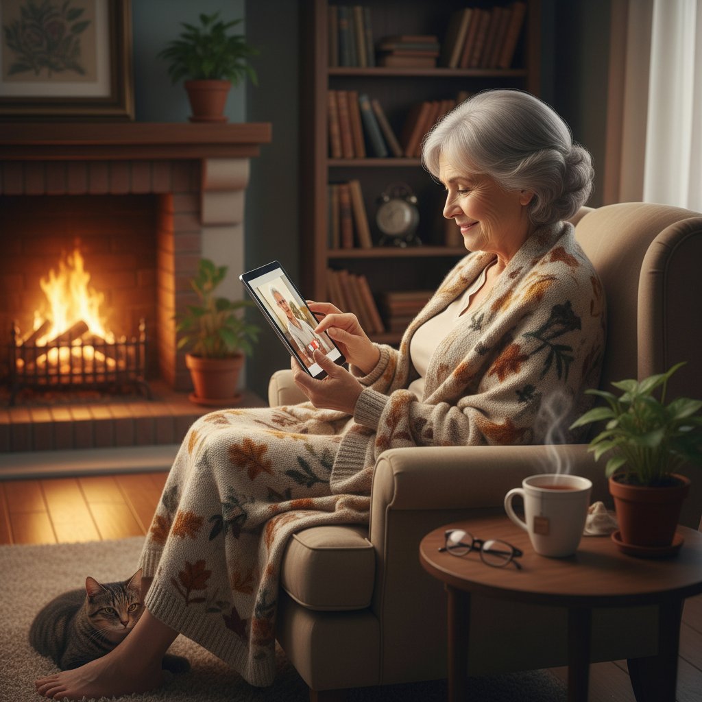 Starsza osoba korzystająca z Claude jako towarzysza rozmów w domu