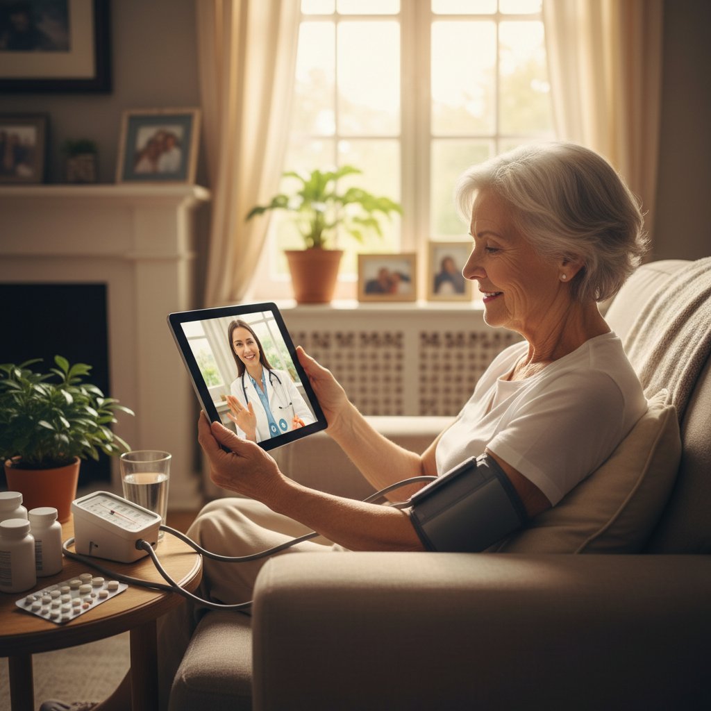 Starsza osoba korzystająca z tabletu do konsultacji zdrowotnej w domowym zaciszu