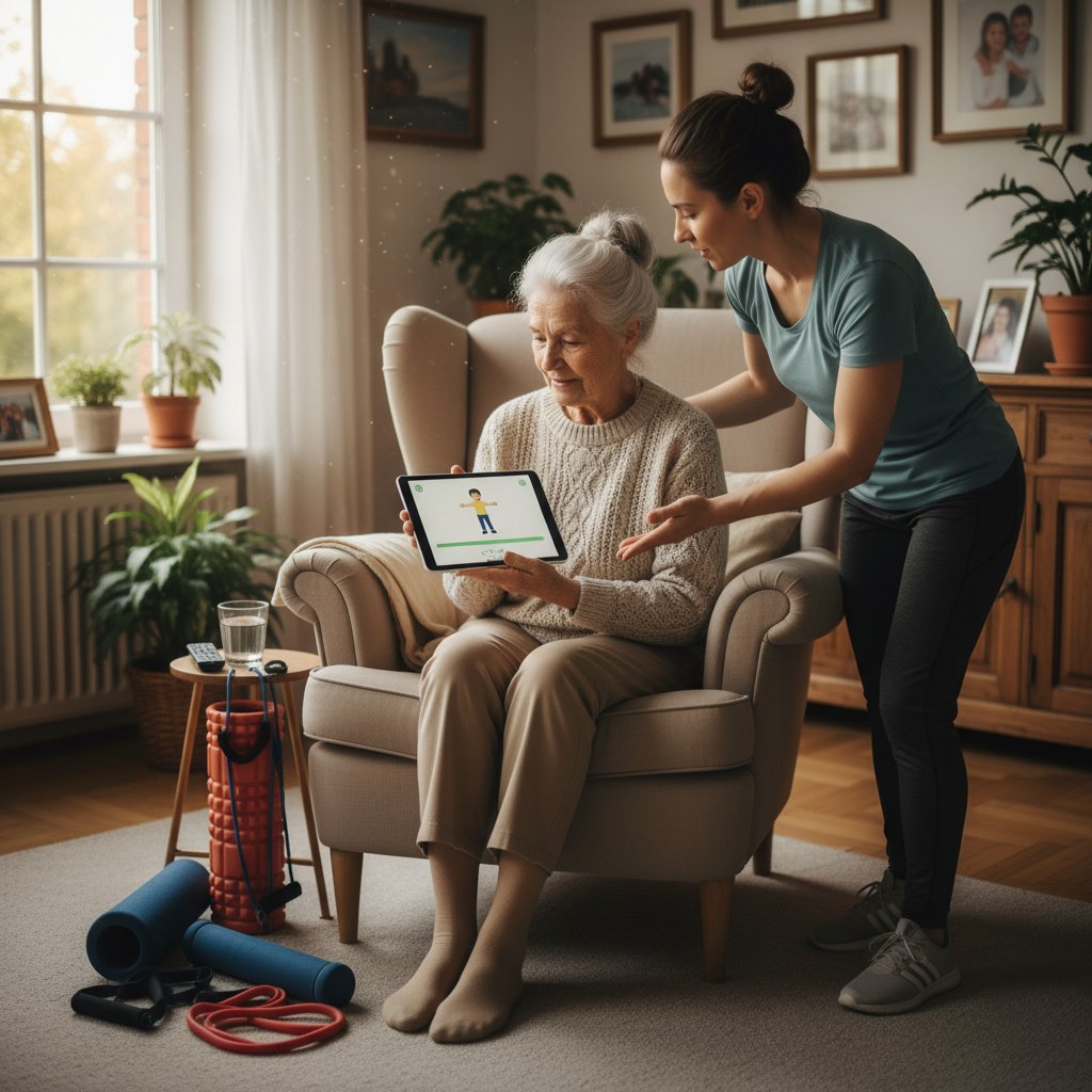 Starsza osoba próbuje korzystać z tabletu w domu podczas terapii online, symbolizując wykluczenie cyfrowe seniorów